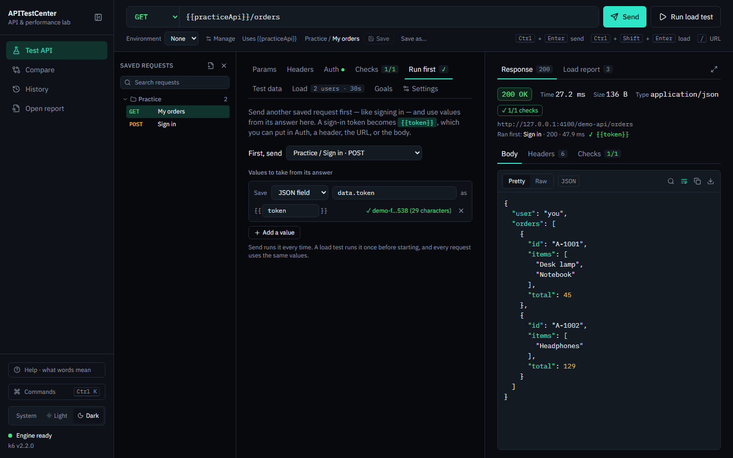 The Run first tab: a saved sign-in request runs first and its token is used by the orders request.